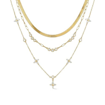 Coolkin 3 PCS Women Gifts Layered Gold Necklace for Women,14K Gold Plated Dainty CZ Pendant Layering Gold Necklaces Set Chain Choker Cubic Zirconia Necklace Trendy Jewelry Gifts - style: Clover CZ