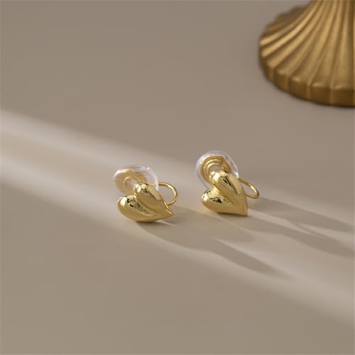 Clip on Chunky Heart Small Stud Earrings for Women Non Pierced Ear Gold-Plated Hearted Shaped Cuff Wrap Fake Studs Hypoallergenic Fashion Jewelry for Her Bff