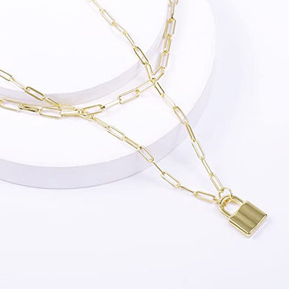 Lock Necklace for Women Paperclip Link Chain Padlock Necklace Non-Tarnish - color: Gold - 2 PCS Layered Lock Necklaces