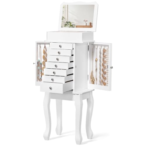 Emfogo Standing Jewelry Armoire Cabinet, Large Standing Jewelry Organizer Box with Top Flip Mirror, 7 Drawers & 2 Side Doors, Jewelry Chest for Rings Earrings Necklaces Bracelets Watches Glasses - color: White Standing Jewelry Armoire