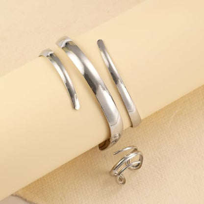 Chunky Gold Bangle Bracelet Ring Set for Women Chunky Wide Cuff Bracelets Trendy Geometric Open Statement Bracelet Ring Set Dainty Minimalist Jewelry - color: Silver
