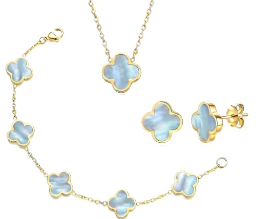 Clover Necklace and Bracelet Set + Four Leaf Clover Earrings, 18K Gold Plated Dainty Jewelry Gift for Women (Pearl White/Ocean Blue/Sweet Lilac) - color: Ocean Blue