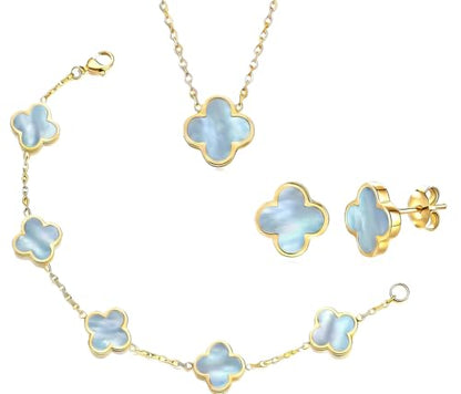Clover Necklace and Bracelet Set + Four Leaf Clover Earrings, 18K Gold Plated Dainty Jewelry Gift for Women (Pearl White/Ocean Blue/Sweet Lilac) - color: Ocean Blue