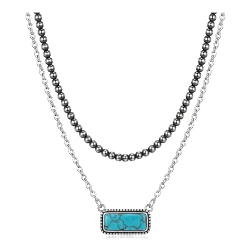 Layered Western Necklace for Women Silver Beaded Choker with Turquoise Bar Pendant Boho Country Jewelry Pearl Necklaces an Ideal Present for Her