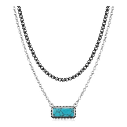 Layered Western Necklace for Women Silver Beaded Choker with Turquoise Bar Pendant Boho Country Jewelry Pearl Necklaces an Ideal Present for Her