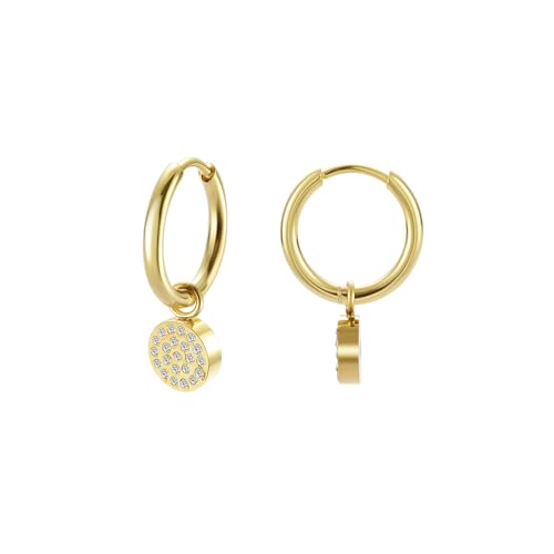 Women's Huggie Hoop Earrings with Small Cute Charm - style: Gold Full Moon CZ