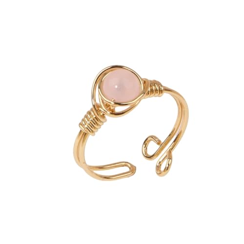 Chakra Crystal Ring Adjustable Gemstone Rings Wire Wrapped Irregular Crystal Ring Gemstone Carnelian Rose Quartz Amethyst Evil Eye Tiger Eyes Crystal Ring for Women - color: Pink