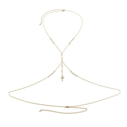 Summer Beach Crystal Cross Pendant Bra Body Chest Chain Rhinestone Long Tassel Waist Body Chain Necklace Sexy Crystal Belly Chain Jewelry for Women - color: Gold