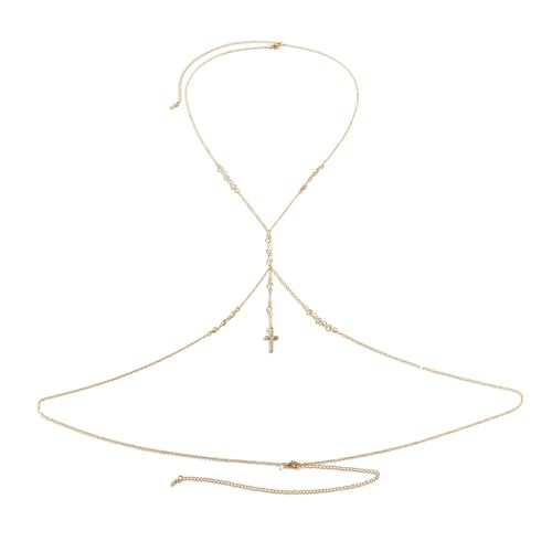 Summer Beach Crystal Cross Pendant Bra Body Chest Chain Rhinestone Long Tassel Waist Body Chain Necklace Sexy Crystal Belly Chain Jewelry for Women - color: Gold