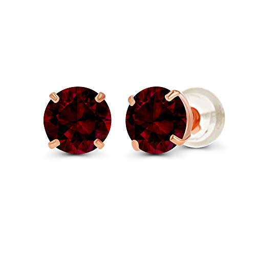 Solid 14K Yellow or White or Rose Gold 6mm Round Genuine Birthstone Gemstone Prong Set Stud Earrings For Women - color: Garnet