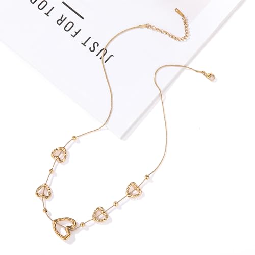 18K Gold Plated Open Heart Layered Necklace for Women, Dainty Multi Heart Pendant Y-Necklace, Minimalist Boho Jewelry