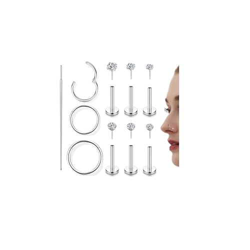 Incaton 18G Threadless Flat Back Stud Earrings For Women Men, 316L Surgical Steel Hypoallergenic Push in Nose Studs CZ Nose Nostril Tragus Helix Labret Studs Lip Rings Piercing Jewelry - color: 3 HOOP + 6 STUD SILVER