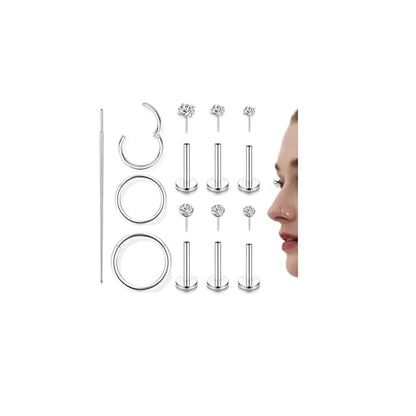 Incaton 18G Threadless Flat Back Stud Earrings For Women Men, 316L Surgical Steel Hypoallergenic Push in Nose Studs CZ Nose Nostril Tragus Helix Labret Studs Lip Rings Piercing Jewelry - color: 3 HOOP + 6 STUD SILVER
