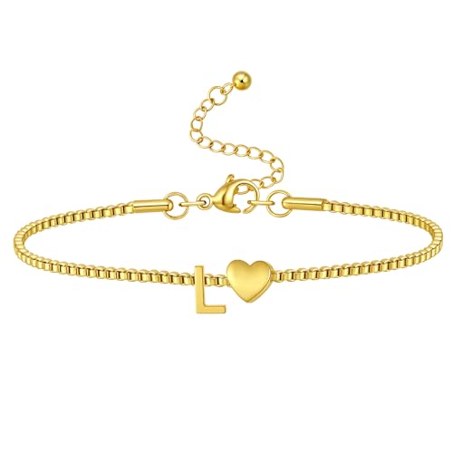 Gold Initial Bracelet for Women Dainty Personalized Name Bracelet | 14K Gold Plated, Letter A-Z Bracelet, Tiny Gold Initial Cute Heart Bracelet Jewelry Gift - color: L