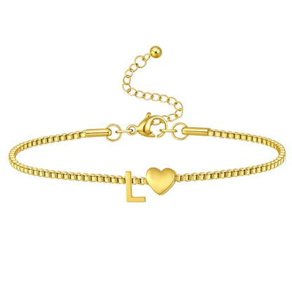 Gold Initial Bracelet for Women Dainty Personalized Name Bracelet | 14K Gold Plated, Letter A-Z Bracelet, Tiny Gold Initial Cute Heart Bracelet Jewelry Gift - color: L