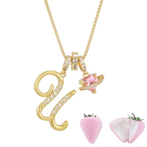 Initial Letter Necklace with Pink Heart Charm, Sparkling Zircon Alphabet Pendant in Gold or Silver Tone, Sweet Style Jewelry with Gift Box, Letter Chain for Daily Wear and Gift - color: Gold+Pink Box, size: #U