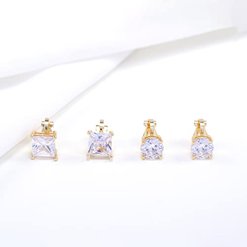 YOQUCOL 2 Pairs 8MM Cubic Zirconia Crystal Clip On Stud Earrings Non Pierced Stud Earrings For Women - color: Gold-White