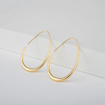 Lightweight Teardrop Hoop Earrings for Women - 14k Gold/White Gold Plated Large Oval Pull Through Hoop Earrings High Polished Statement Jewelry Gift for Women - color: Gold 50*30