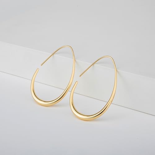 Lightweight Teardrop Hoop Earrings for Women - 14k Gold/White Gold Plated Large Oval Pull Through Hoop Earrings High Polished Statement Jewelry Gift for Women - color: Gold 50*30