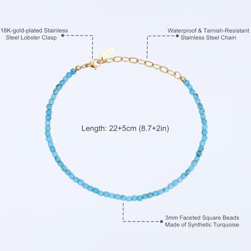 COAI Waterproof Anklet for Women, Square Crystal Beaded Anklet for Women, Red Carnelian/Turquoise/Lapis Lazuli - style: Turquoise