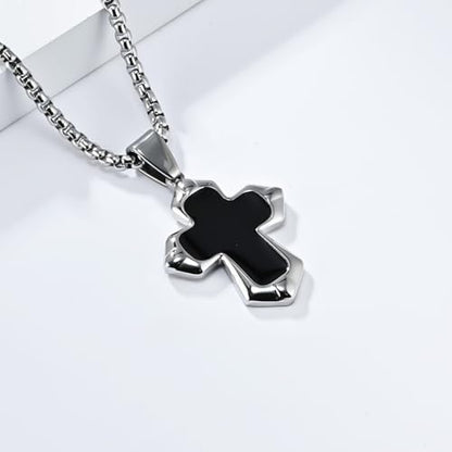 Unisex Stainless Steel Black Onyx Cross Pendant Necklace for Men Women,Titanium Steel Christian Cross Charm Jewelry Chain Necklace for Mens,Religious Jesus Christ Crucifix Cross Necklaces,24inch Chain