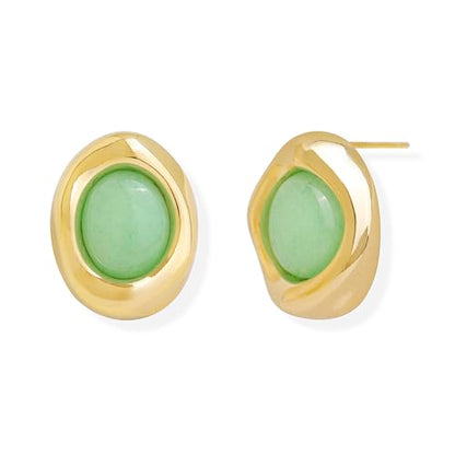 Jean Beau Chunky Gold Stone Stud Earrings for Women, Trendy Natural Gemstone Hypoallergenic Earing Valentine Jewelry Gift - color: Peridot Green