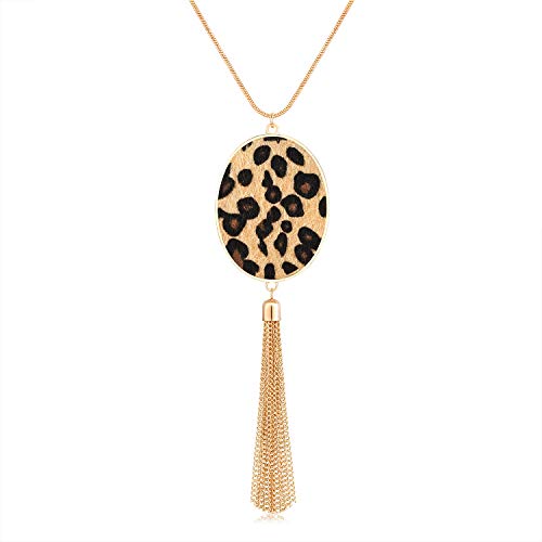 MOLOCH Long Necklaces For Woman Disk Circle Pendant Necklaces Tassel Fringe Necklace Set Statement Pendant - color: oval--gold-light leopard