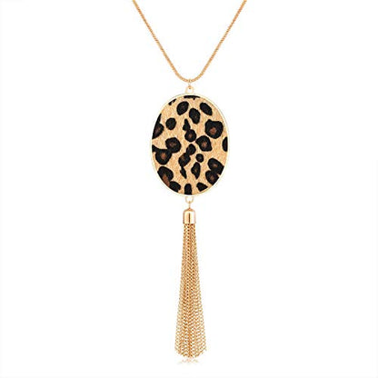 MOLOCH Long Necklaces For Woman Disk Circle Pendant Necklaces Tassel Fringe Necklace Set Statement Pendant - color: oval--gold-light leopard