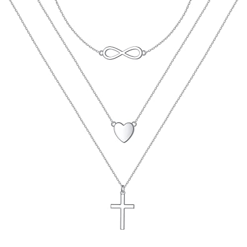 925 Sterling Silver Multilayer Layered Triple Long Chain Necklace for Women - style: Heart Cross Infinity