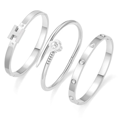 3Pcs Gold Bracelets for Women 14K Gold Plated Love/H/Nail Bangle Bracelet Dainty Non Tarnish Bracelet Jewelry Christmas Mothers Day Gifts for Women - color: 3Pcs Silver/Grey H bracelet