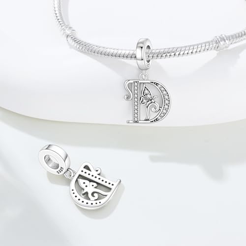 2 Pack 925 Sterling Silver Butterfly Letter Charms for Bracelets and Necklace Alphabet Initial Dangle Pendants Round Spacer Beads Pave Cubic Zirconia Jewelry Gift for Women - color: D Set