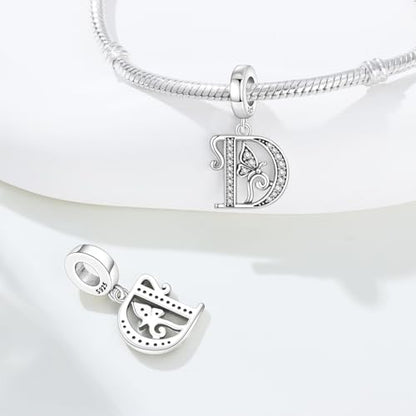 2 Pack 925 Sterling Silver Butterfly Letter Charms for Bracelets and Necklace Alphabet Initial Dangle Pendants Round Spacer Beads Pave Cubic Zirconia Jewelry Gift for Women - color: D Set
