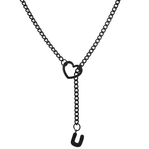 sroyte Black Heart Slip Chain Initial Necklaces for Women,Stainless Steel O-Ring Adjustable Lariat Heart Y-Necklace,Punk Gothic Cuban Collar Choker Necklace for women - color: Black U