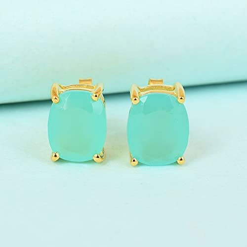 Women's 18K Gold Plated 8x10mm Princess Cut Gemstone Stud Earrings – Birthstone Jewelry for Her – Classic Cushion Studs - color: Aqua Chalcedony