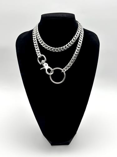 paloli Women's Slip Chain Rainbow Heart O-Ring Chunky Chain Necklace, Rays Cuban Long Layered Jewelry, Adjustable Lariat Y-Necklace Heart Loop Choker - color: L-Oring-Silver