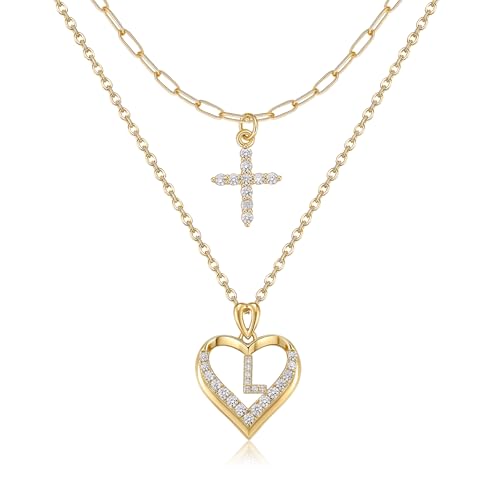 14K Gold Plated Layering Necklaces,Heart Initial Layered Necklace Cross Pendant Necklace Charm Personalized Stackable Jewelry Gift for Her - style: L
