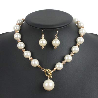 XAM 2PCS/set Large Simulated Pearl Necklace and Stud Earring for Women Brides Chunky Pearl Retro Costume Necklace Set Statement Wedding Jewelry 1920s Costume Jewelry Set - color: White