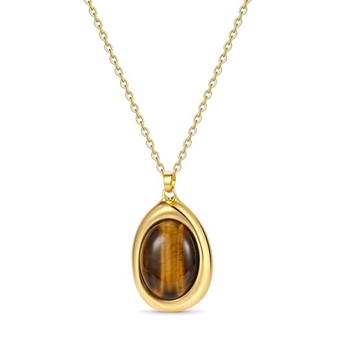 Colorful Natural Stone Necklaces for Women Trendy 14K Gold Plated Oval Gemstone Pendant Statement Necklace Jewelry Gifts for Women - color: Brown