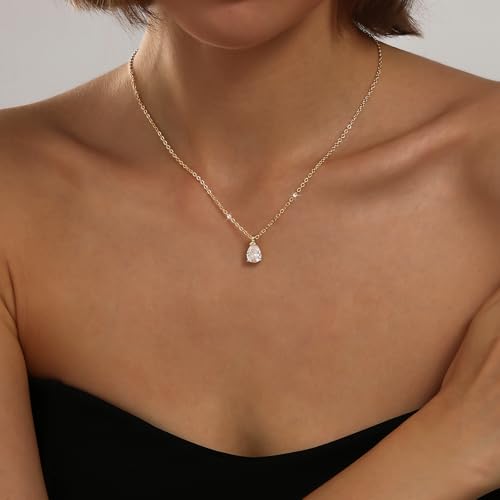 Gold Silver Necklace for Women, Dainty Cubic Zirconia Pendant | Teardrop CZ Charm, 14K Gold/Sterling Silver Plated, Adjustable Chain, Hypoallergenic & Waterproof Jewelry, Cute Trendy Gift - color: Gold-CZ teardrop/cable chain