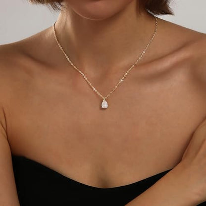 Gold Silver Necklace for Women, Dainty Cubic Zirconia Pendant | Teardrop CZ Charm, 14K Gold/Sterling Silver Plated, Adjustable Chain, Hypoallergenic & Waterproof Jewelry, Cute Trendy Gift - color: Gold-CZ teardrop/cable chain