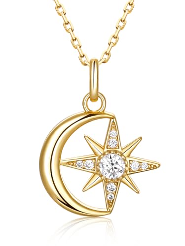 Color-D VVS1 Clarity Moissanite Star and Moon Necklace, 925 Sterling Silver Moonl Pendant with White Gold Plated, Birthday Christmas Valentine's Day Jewelry for Her - color: Yellow Gold