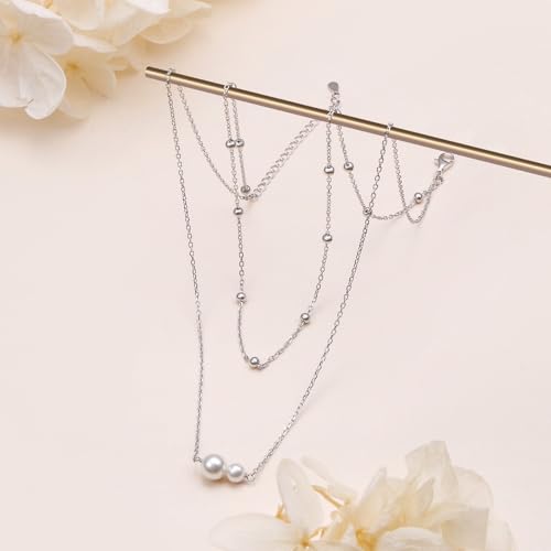 Yearace Choker Necklaces for Women S925 Sterling Silver Sideways Cross/Butterfly/Handcuffs/Infinity Interlocking/Chakra Choker Necklace Dainty Sideways Cross Necklace Jewelry Gift - style: Layered Pearl 16+14+2''