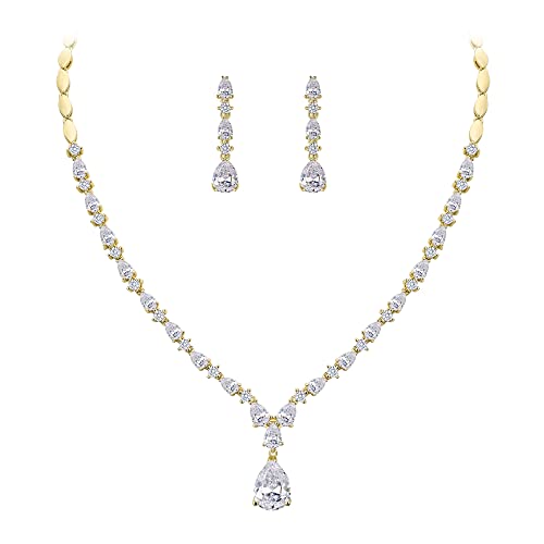 EVER FAITH Pear Shaped Cubic Zirconia Bridal Wedding Jewelry Set for Women | Gorgeous Water Drop Bride Necklace Dangle Earrings, for Bride Bridesmaid - color: Clear Gold-Plated-Brass