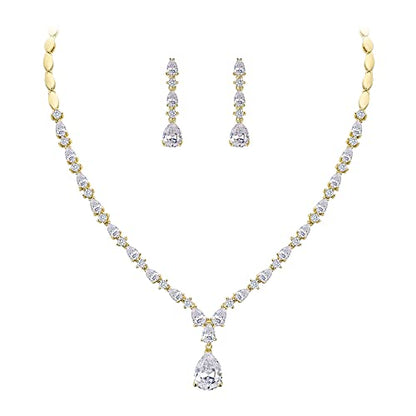 EVER FAITH Pear Shaped Cubic Zirconia Bridal Wedding Jewelry Set for Women | Gorgeous Water Drop Bride Necklace Dangle Earrings, for Bride Bridesmaid - color: Clear Gold-Plated-Brass