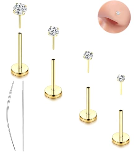 16G 18G 20G Hypoallergenic Threadless Flat Back Nose Studs Women | Medical Steel, CZ 1.5-3mm, Nostril Tragus Helix Piercing, A Secure Fit And Everyday Wear For Sensitive Skin - color: Gold-B