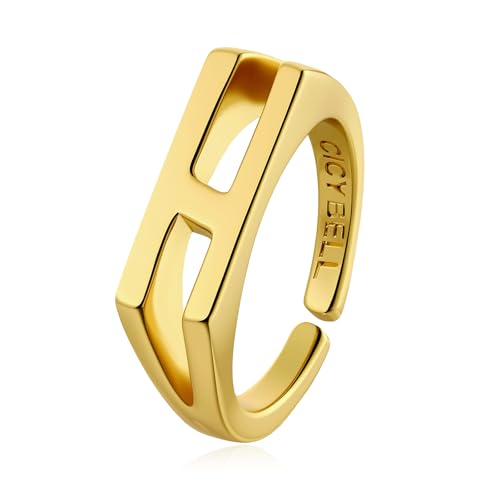 Cicy Bell Initial Rings for Women 18k Gold Plated Adjustable Rings | Open Signet Rings, Bold Letter, Personalized Engraved, For Party - color: Initial-H