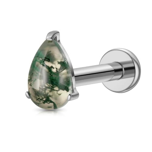 1PC ASTM F136 Titanium Push Pin Moss Agate Stone Flat Back Earrings 16G 8mm for Helix Conch Tragus - color: Waterdrop-Tit