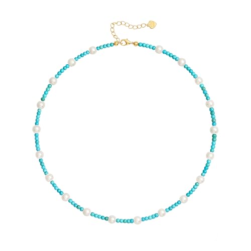 PEARLADA Turquoise Beaded Choker Necklace Chakra Stone Necklace Adjustable - color: Turquoise Beads 3mm