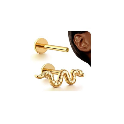 G23 Titanium 16G Tragus Conch Piercing Jewelry Flat Back Stud Earrings | Hypoallergenic CZ Nose Dangle Helix Medusa Lip Labret Body Piercing Jewelry, 14K Gold Plated, Silver, 6 and 8 mm Post Length - color: Serpent's Charm-14K Gold
