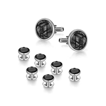 wynameleri Mens Classic Shirts Cufflink Studs, Mother-of-Pearl Tuxedo Shirt Button and Cuff Links Set, Formal Business Wedding Jewelry - color: MOP-Silver Black